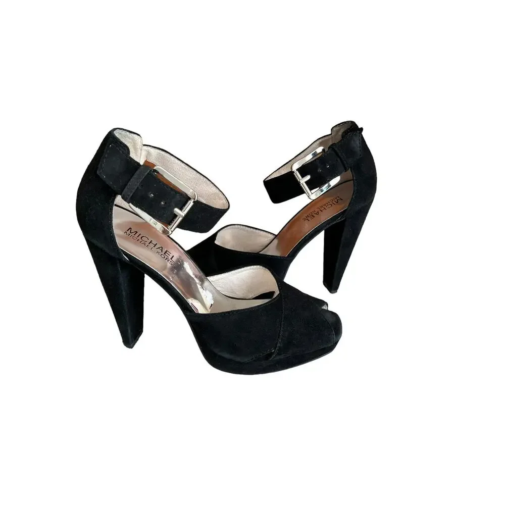 Michael Kors sky high Suede platform Heels Ankle strap detail Black 6.5